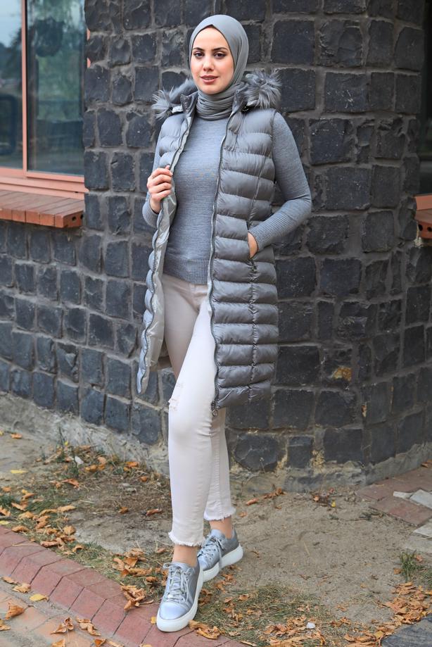 Tesettür giyim GRİ KAPÜŞONLU ŞİŞME YELEK T 4747 - TRENDTESETTÜR