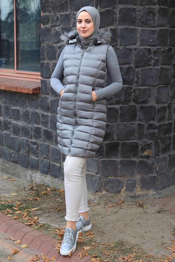 Tesettür giyim GRİ KAPÜŞONLU ŞİŞME YELEK T 4747 - TRENDTESETTÜR