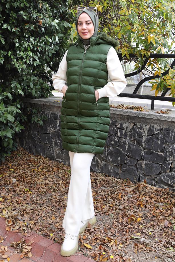 Tesettür giyim HAKİ KAPÜŞONLU ŞİŞME YELEK T 4747 - TRENDTESETTÜR