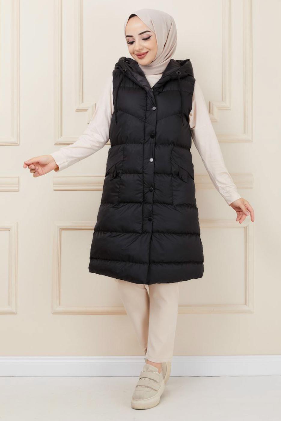 Tesettür giyim SİYAH KAPÜŞONLU CEPLİ ŞİŞME YELEK T 5921