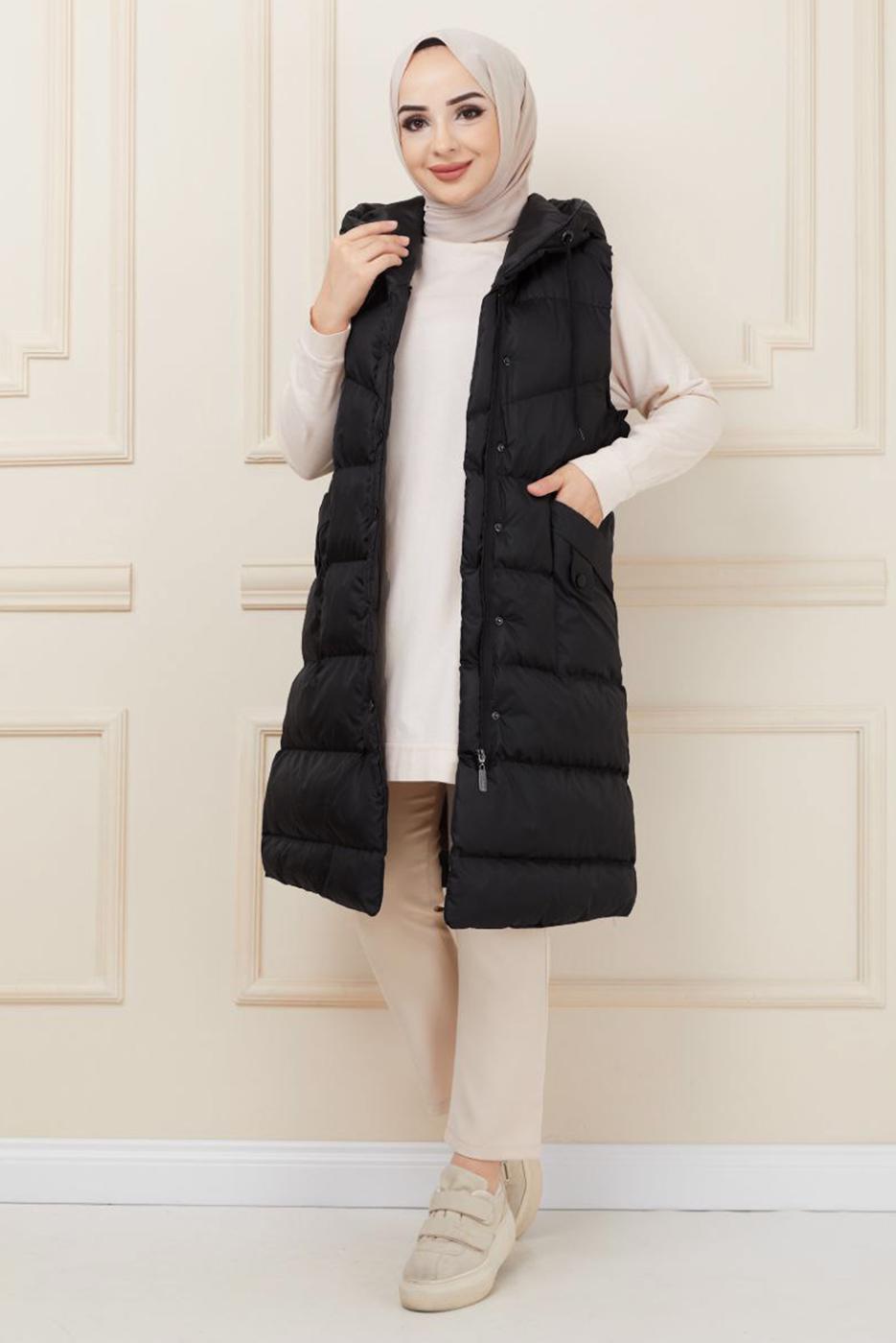 Tesettür giyim SİYAH KAPÜŞONLU CEPLİ ŞİŞME YELEK T 5921