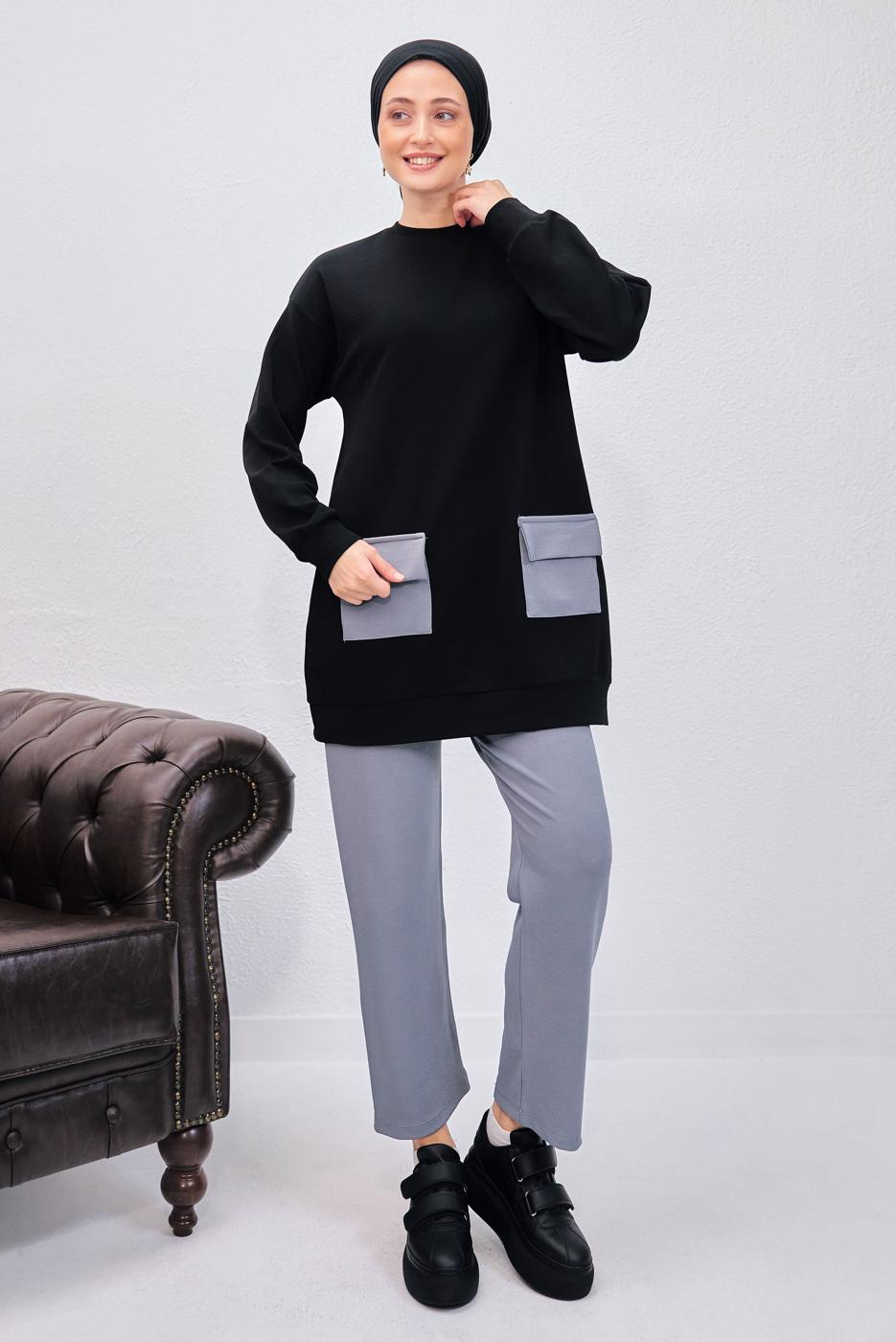 Tesettür giyim SİYAH PANTOLONLU TAKIM T 6153