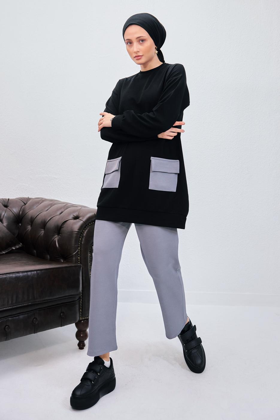 Tesettür giyim SİYAH PANTOLONLU TAKIM T 6153