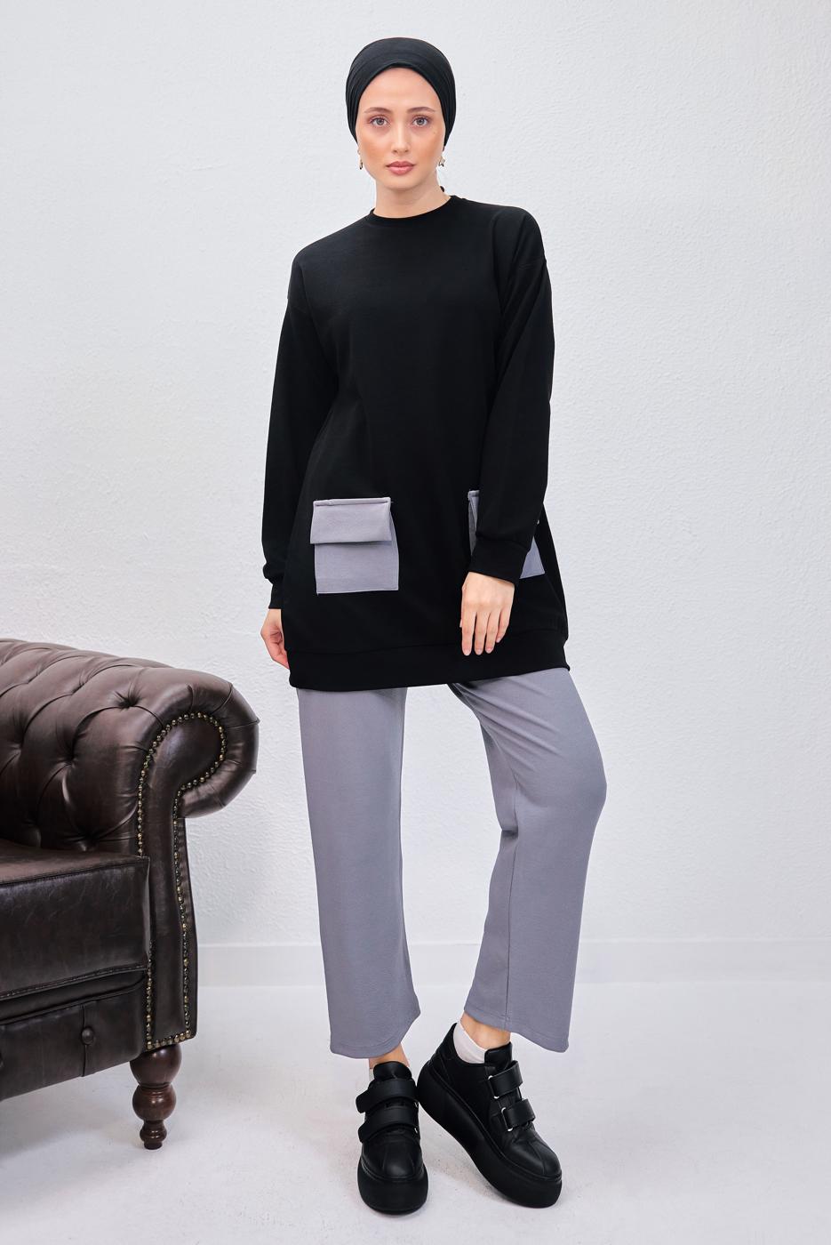 Tesettür giyim SİYAH PANTOLONLU TAKIM T 6153