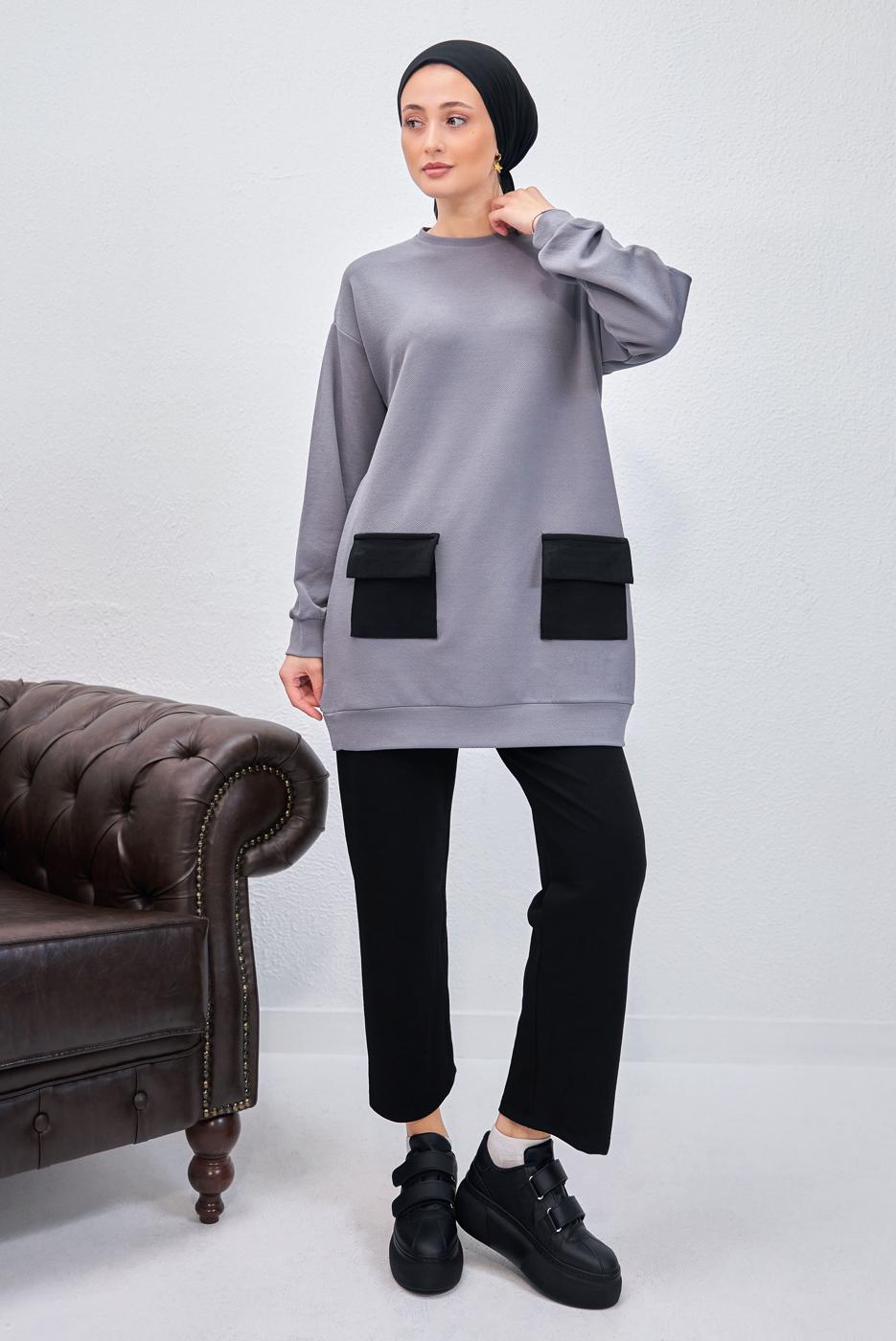 Tesettür giyim GRİ PANTOLONLU TAKIM T 6153