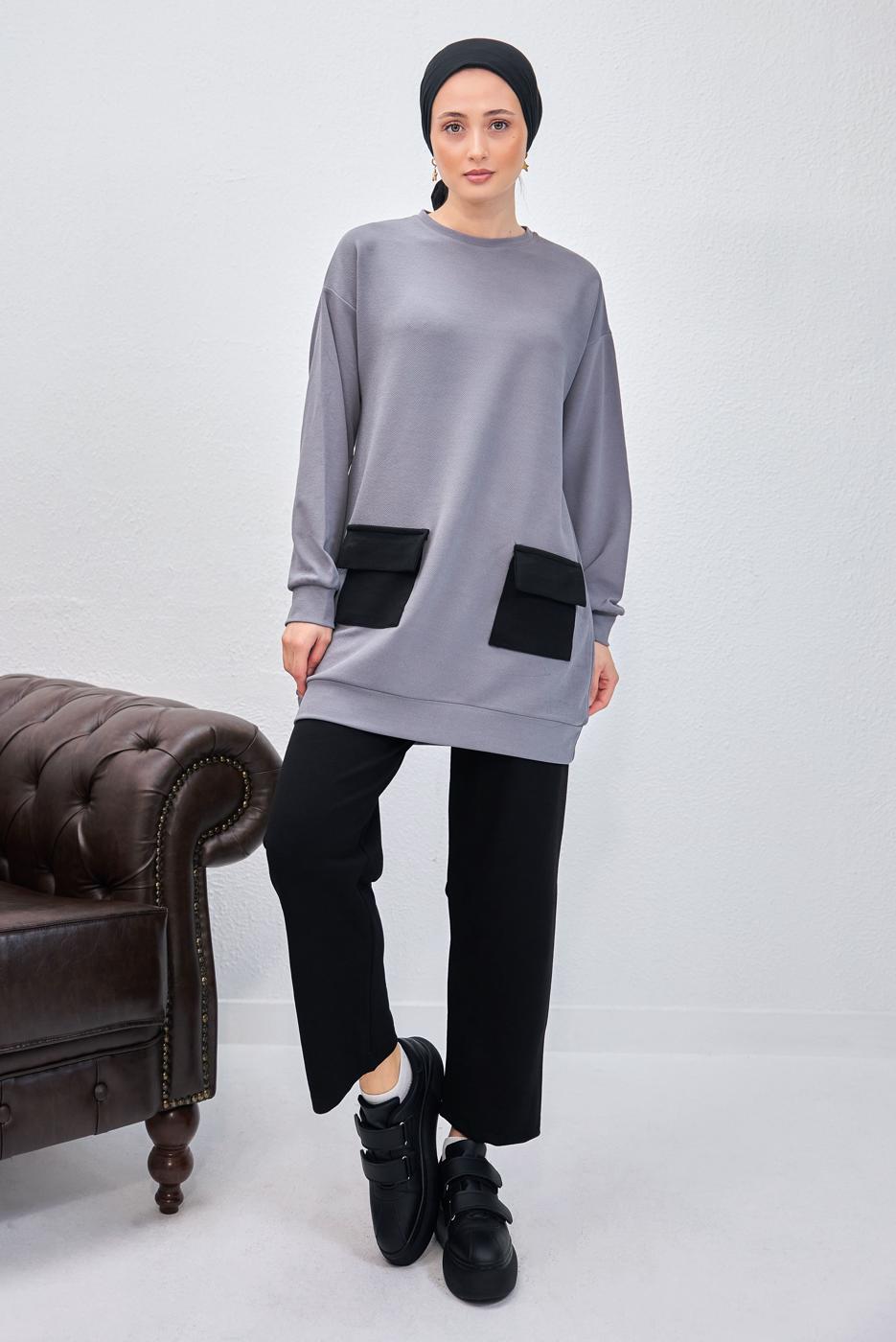 Tesettür giyim GRİ PANTOLONLU TAKIM T 6153