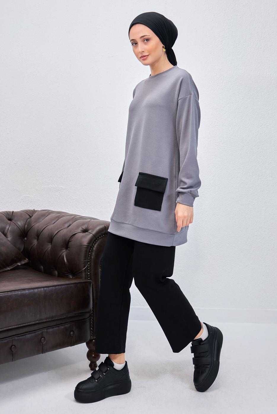 Tesettür giyim GRİ PANTOLONLU TAKIM T 6153