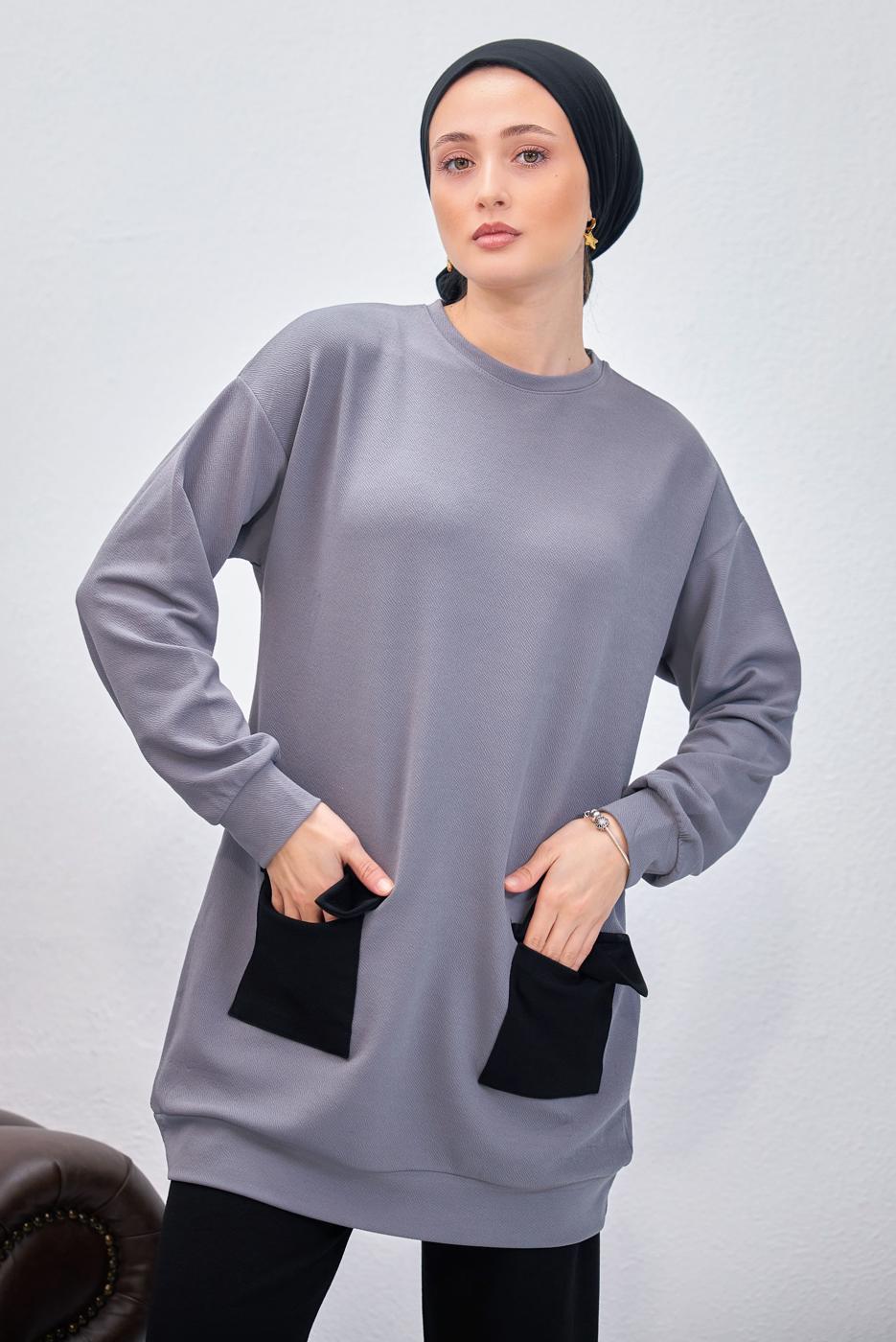 Tesettür giyim GRİ PANTOLONLU TAKIM T 6153