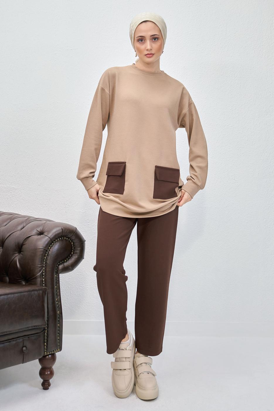 Tesettür giyim KAHVE PANTOLONLU TAKIM T 6153