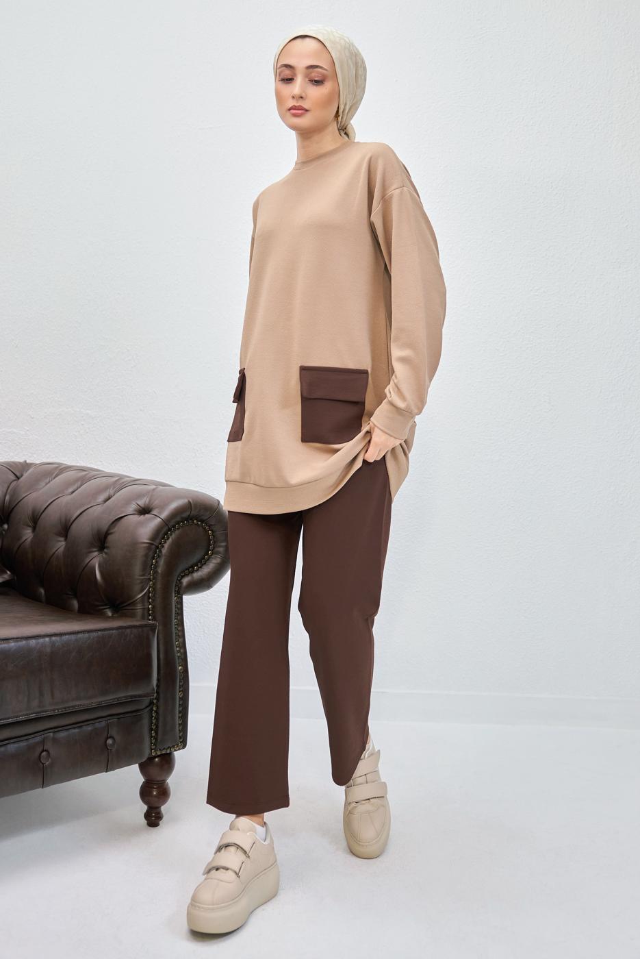 Tesettür giyim KAHVE PANTOLONLU TAKIM T 6153