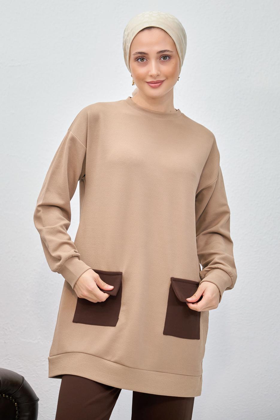 Tesettür giyim KAHVE PANTOLONLU TAKIM T 6153