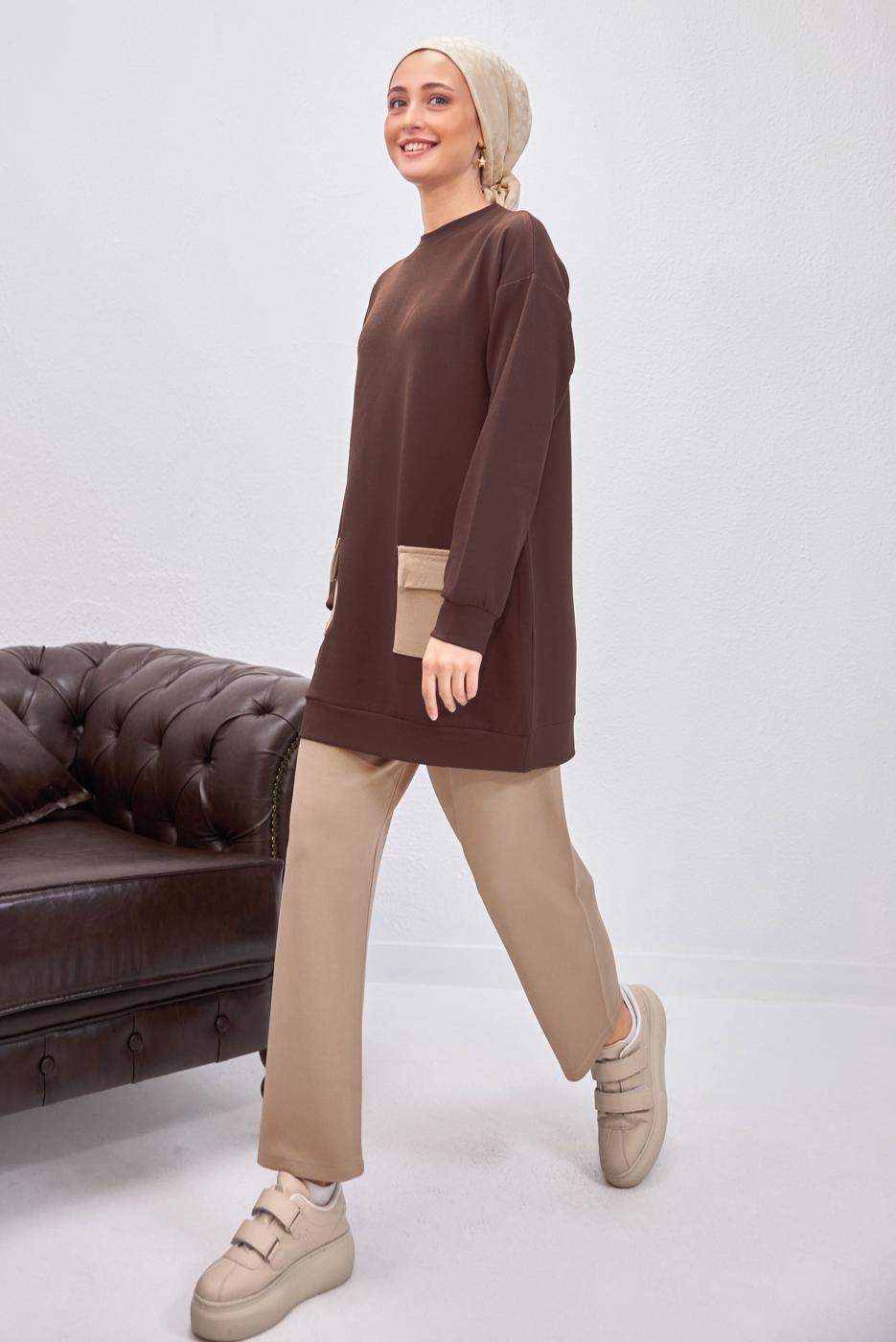 Tesettür giyim KAHVE PANTOLONLU TAKIM T 6153