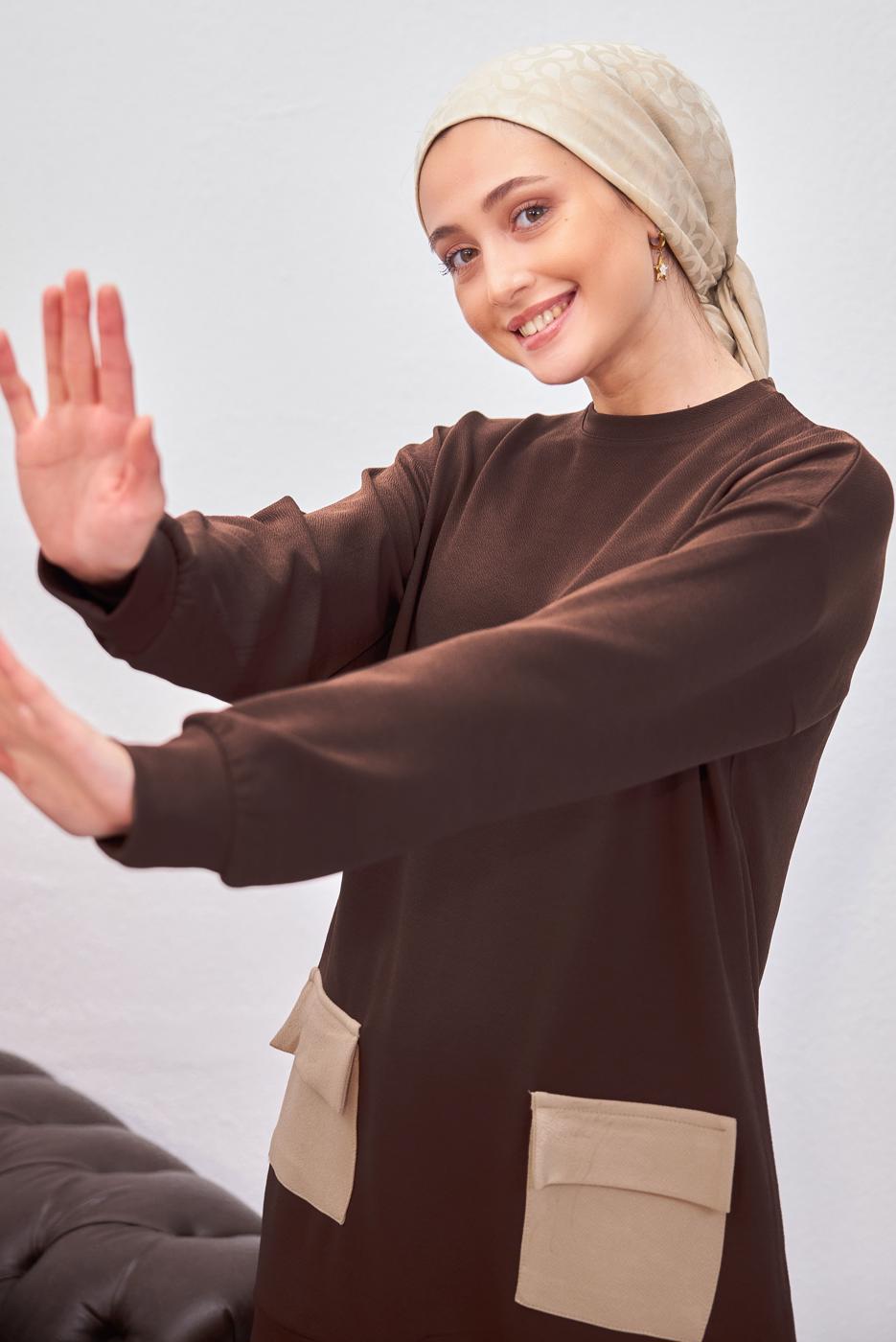 Tesettür giyim KAHVE PANTOLONLU TAKIM T 6153