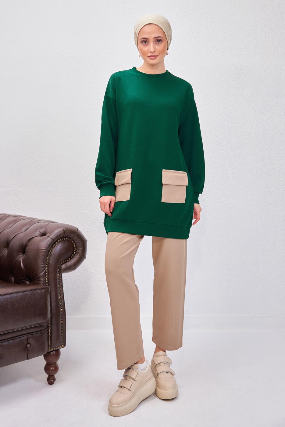 Tesettür giyim YEŞİL PANTOLONLU TAKIM T 6153