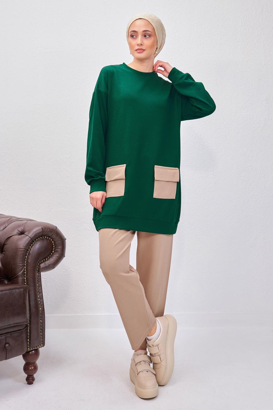 Tesettür giyim YEŞİL PANTOLONLU TAKIM T 6153