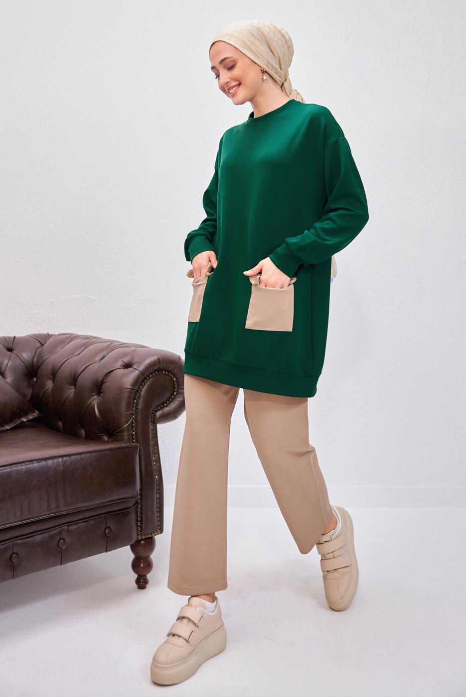 Tesettür giyim YEŞİL PANTOLONLU TAKIM T 6153