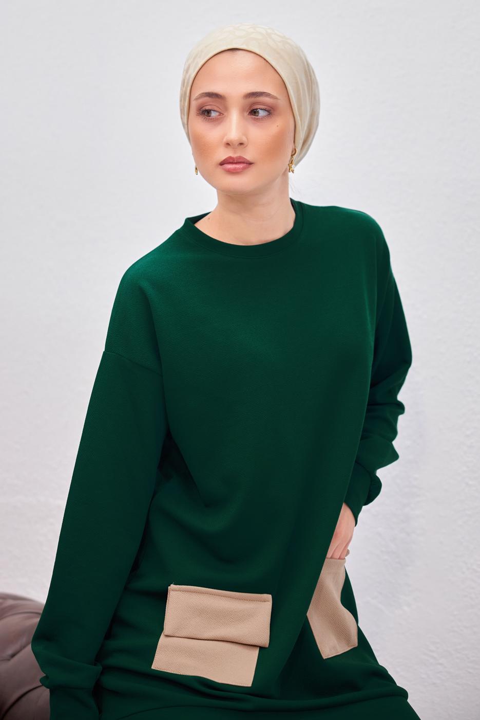 Tesettür giyim YEŞİL PANTOLONLU TAKIM T 6153