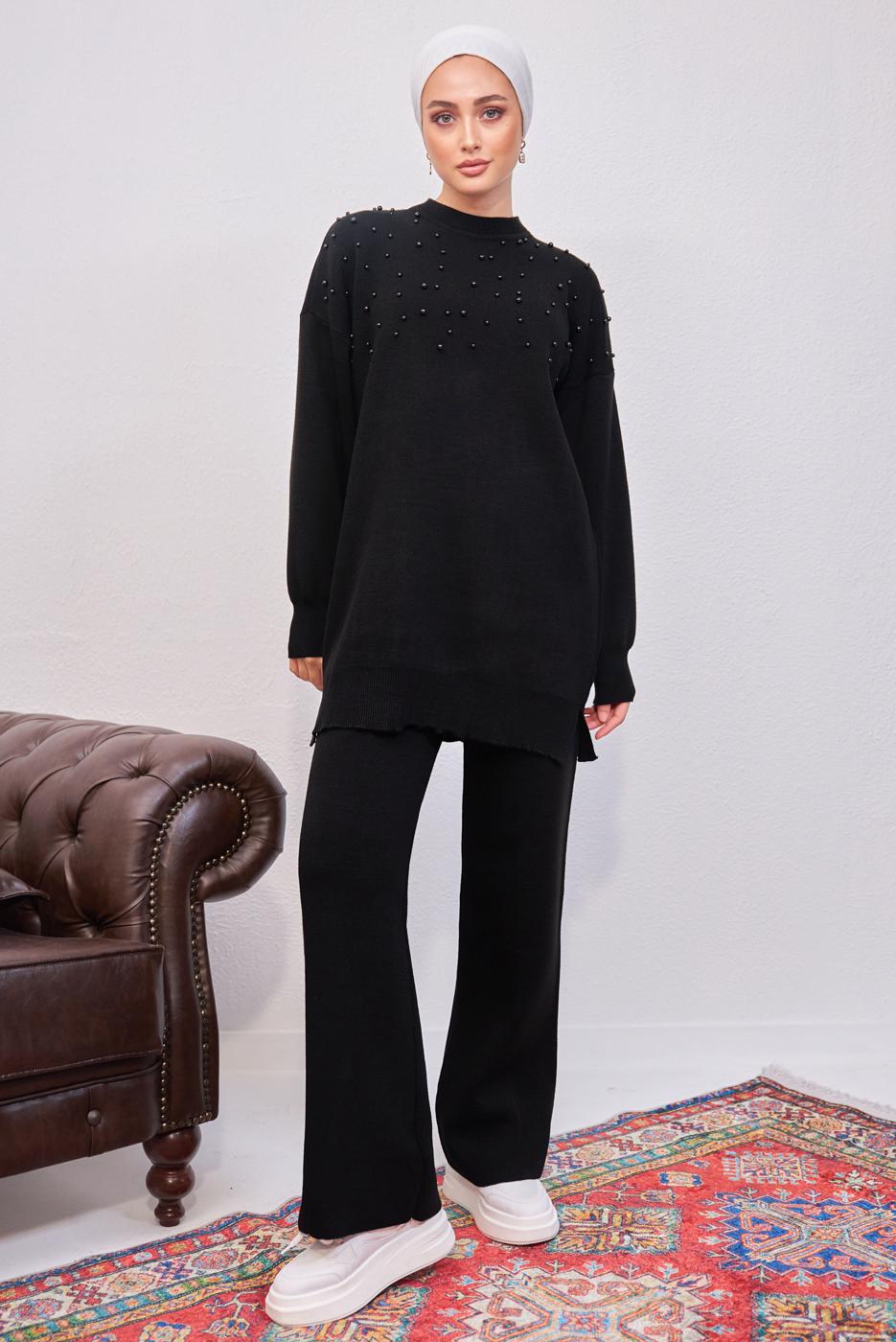 Tesettür giyim SİYAH İNCİLİ PANTOLONLU TRİKO TAKIM T 8608