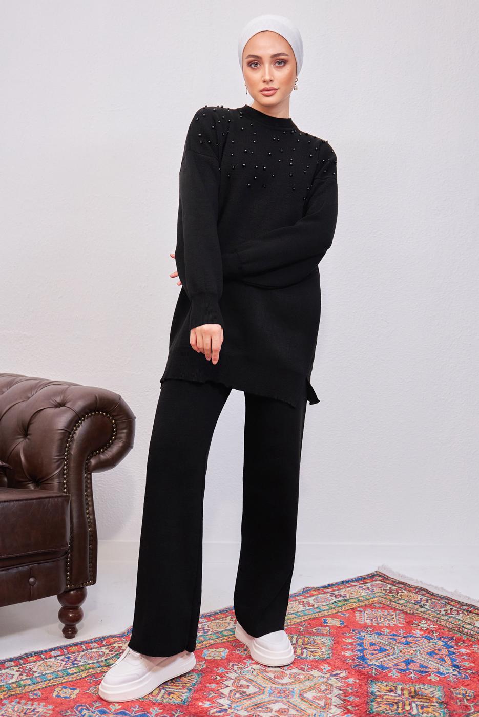 Tesettür giyim SİYAH İNCİLİ PANTOLONLU TRİKO TAKIM T 8608