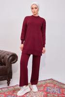 Tesettür giyim BORDO İNCİLİ PANTOLONLU TRİKO TAKIM T 8608