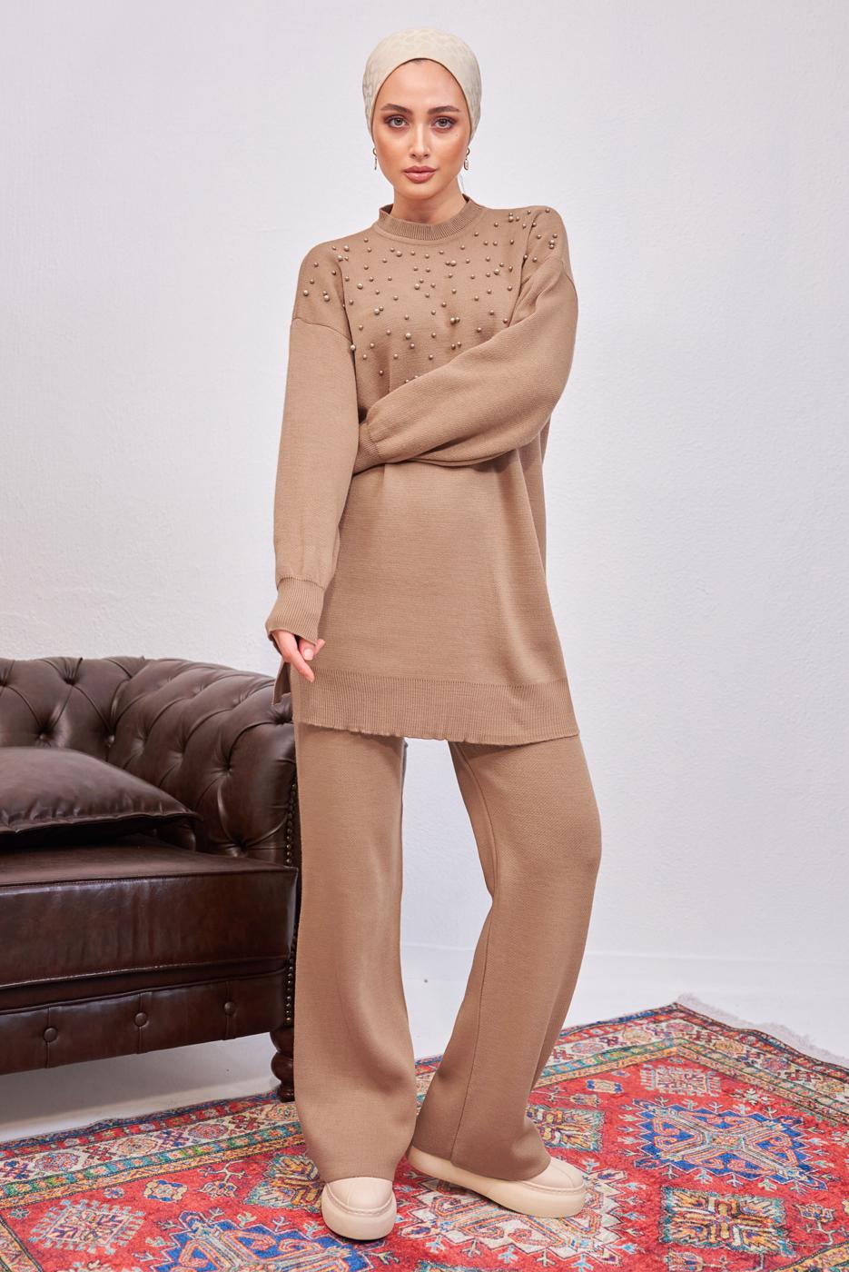 Tesettür giyim KAHVE İNCİLİ PANTOLONLU TRİKO TAKIM T 8608