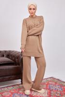 Tesettür giyim KAHVE İNCİLİ PANTOLONLU TRİKO TAKIM T 8608