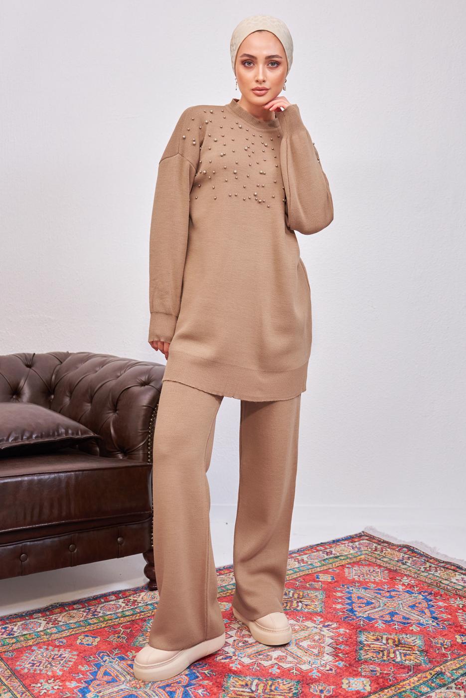 Tesettür giyim KAHVE İNCİLİ PANTOLONLU TRİKO TAKIM T 8608