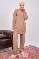 Tesettür giyim KAHVE İNCİLİ PANTOLONLU TRİKO TAKIM T 8608