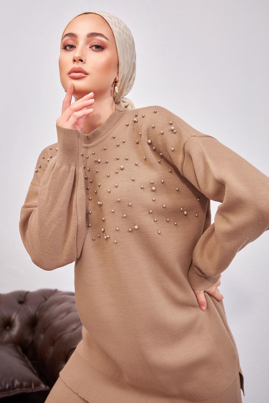 Tesettür giyim KAHVE İNCİLİ PANTOLONLU TRİKO TAKIM T 8608