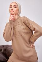 Tesettür giyim KAHVE İNCİLİ PANTOLONLU TRİKO TAKIM T 8608