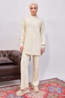 Tesettür giyim BEJ İNCİLİ PANTOLONLU TRİKO TAKIM T 8608
