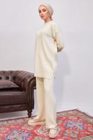 Tesettür giyim BEJ İNCİLİ PANTOLONLU TRİKO TAKIM T 8608