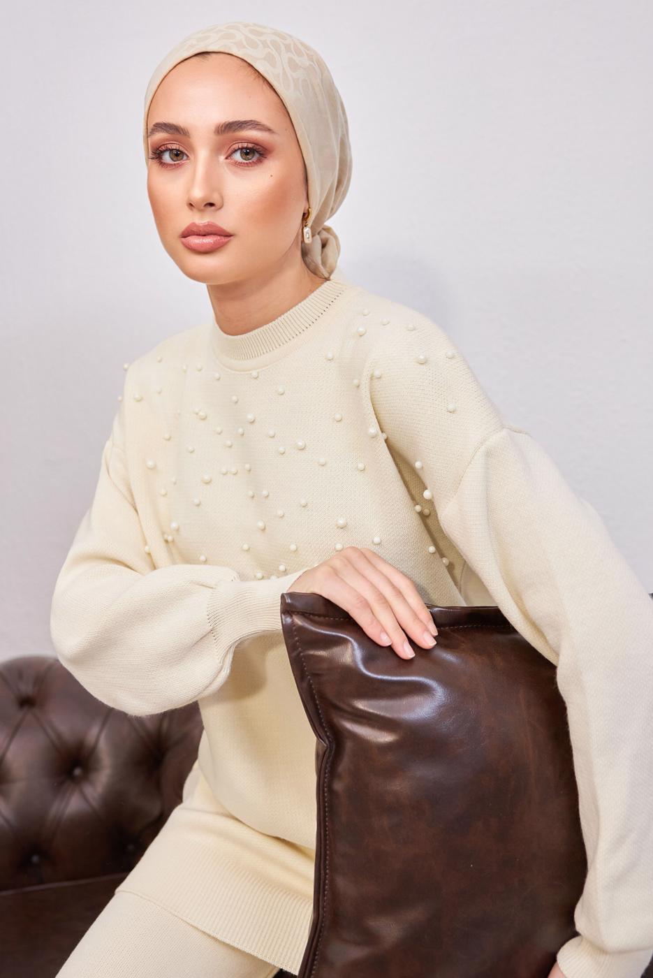 Tesettür giyim BEJ İNCİLİ PANTOLONLU TRİKO TAKIM T 8608