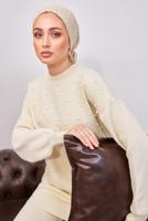 Tesettür giyim BEJ İNCİLİ PANTOLONLU TRİKO TAKIM T 8608