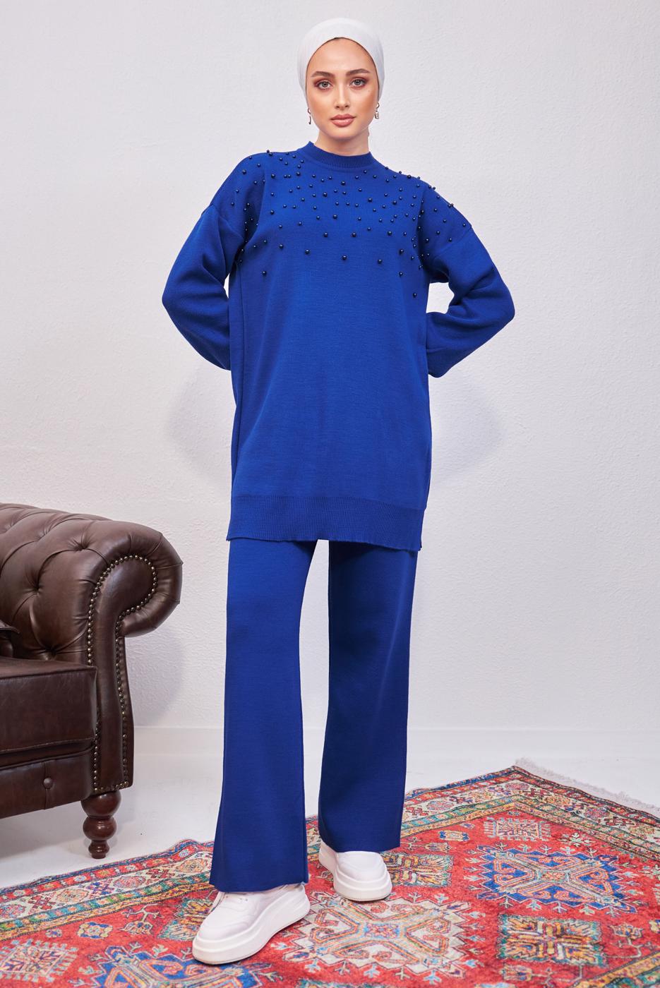 Tesettür giyim LACİVERT İNCİLİ PANTOLONLU TRİKO TAKIM T 8608