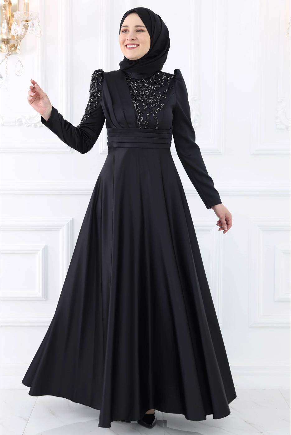 Tesettür giyim SİYAH TAŞ DETAYLI ABİYE ELBİSE T 6633