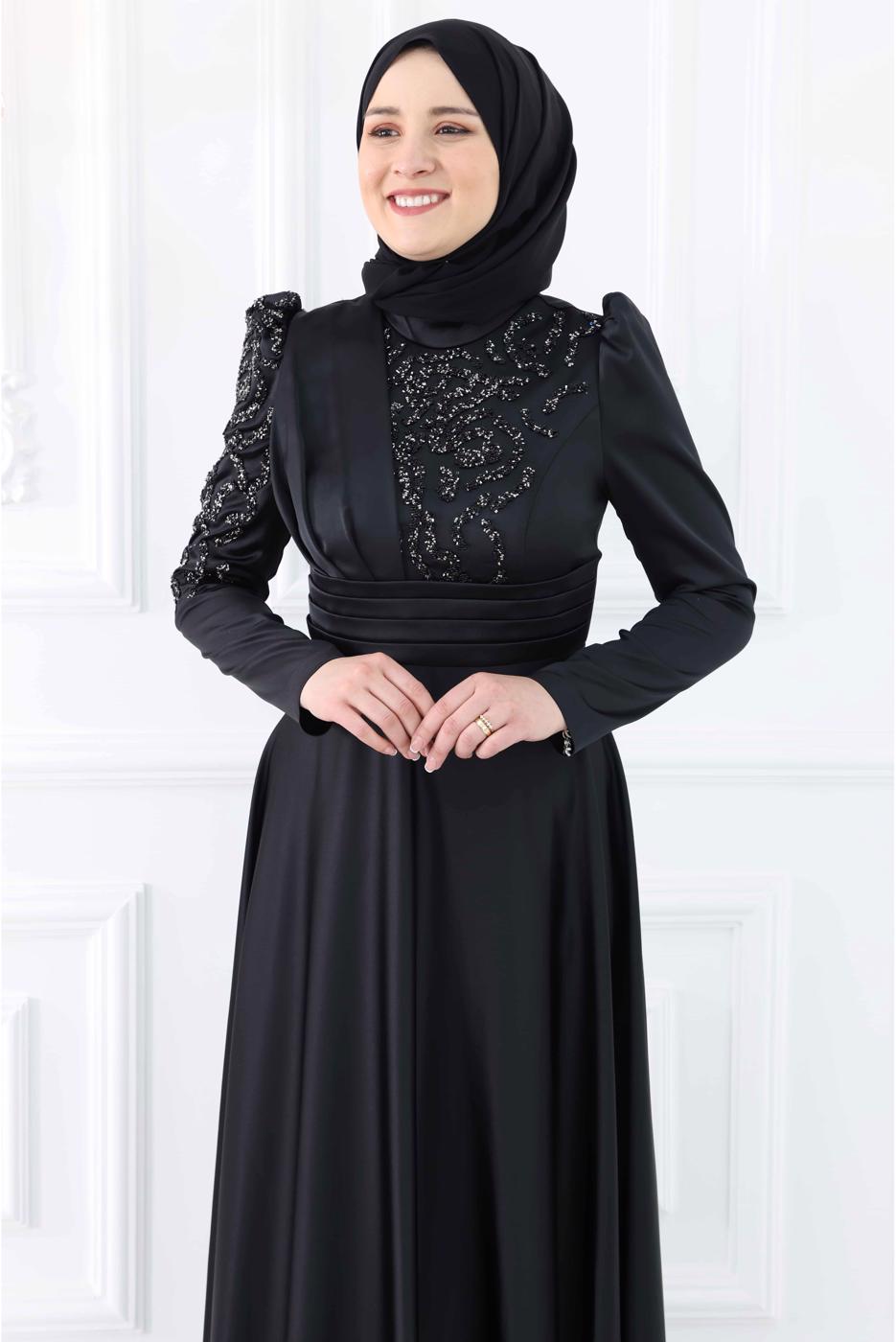 Tesettür giyim SİYAH TAŞ DETAYLI ABİYE ELBİSE T 6633