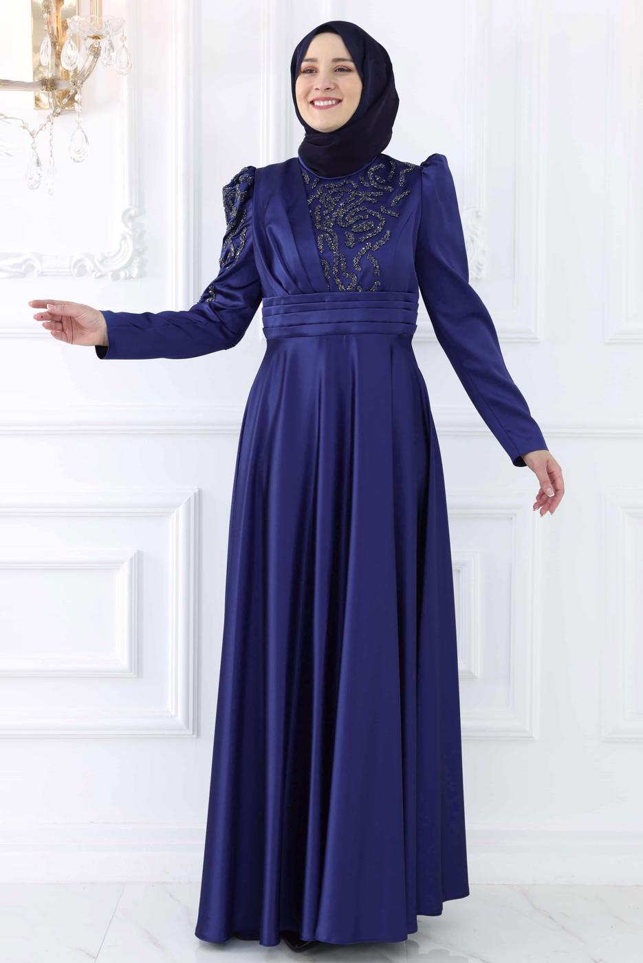 Tesettür giyim LACİVERT TAŞ DETAYLI ABİYE ELBİSE T 6633