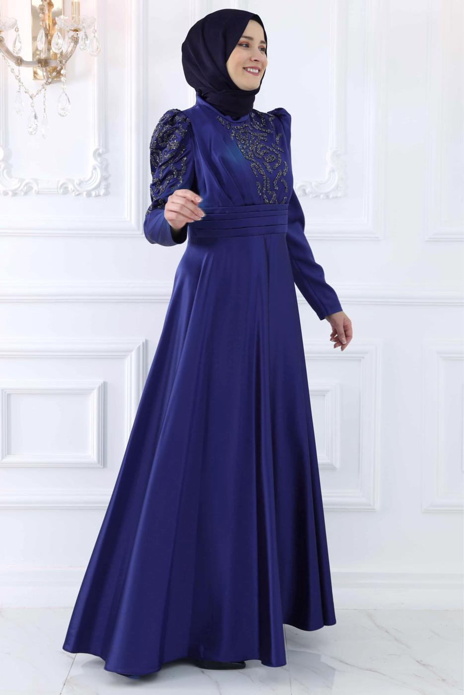 Tesettür giyim LACİVERT TAŞ DETAYLI ABİYE ELBİSE T 6633