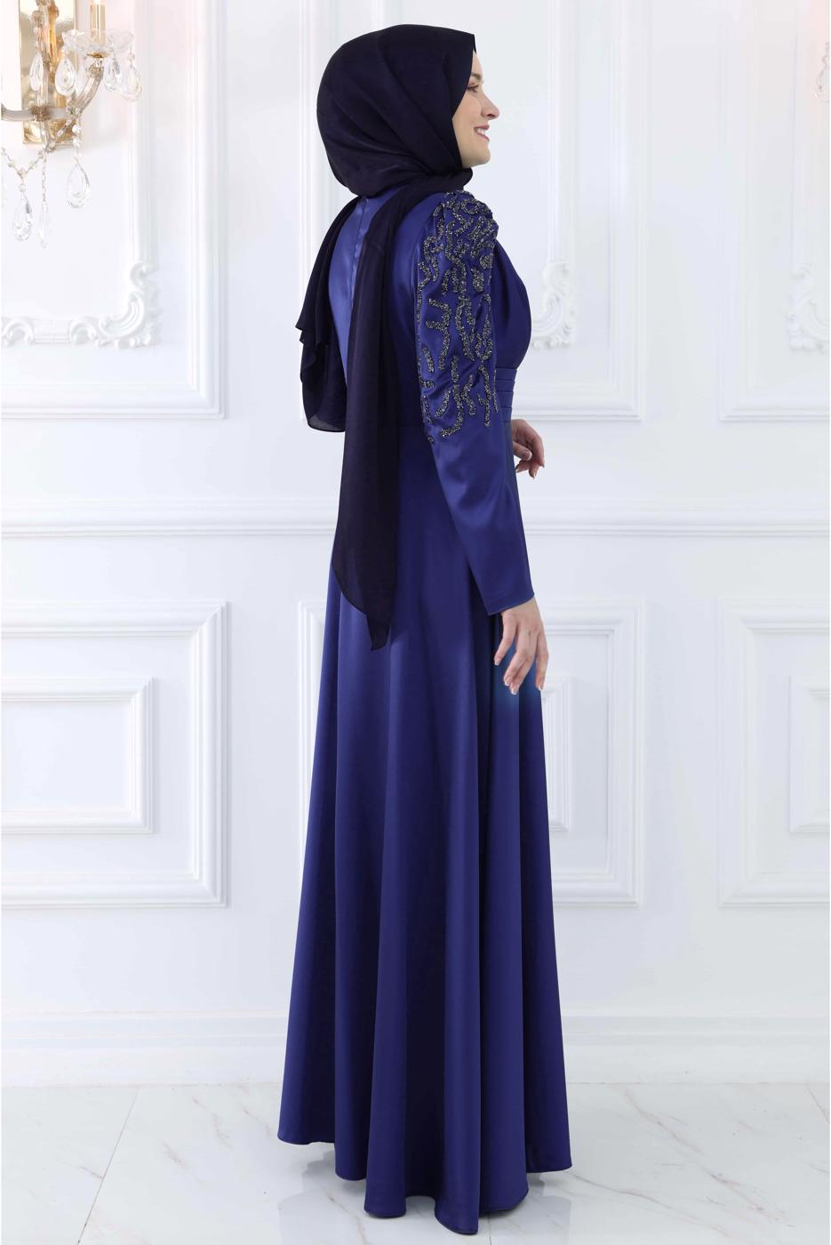 Tesettür giyim LACİVERT TAŞ DETAYLI ABİYE ELBİSE T 6633