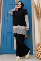 Tesettür giyim SİYAH TRİKO PANTOLONLU TAKIM T 34222