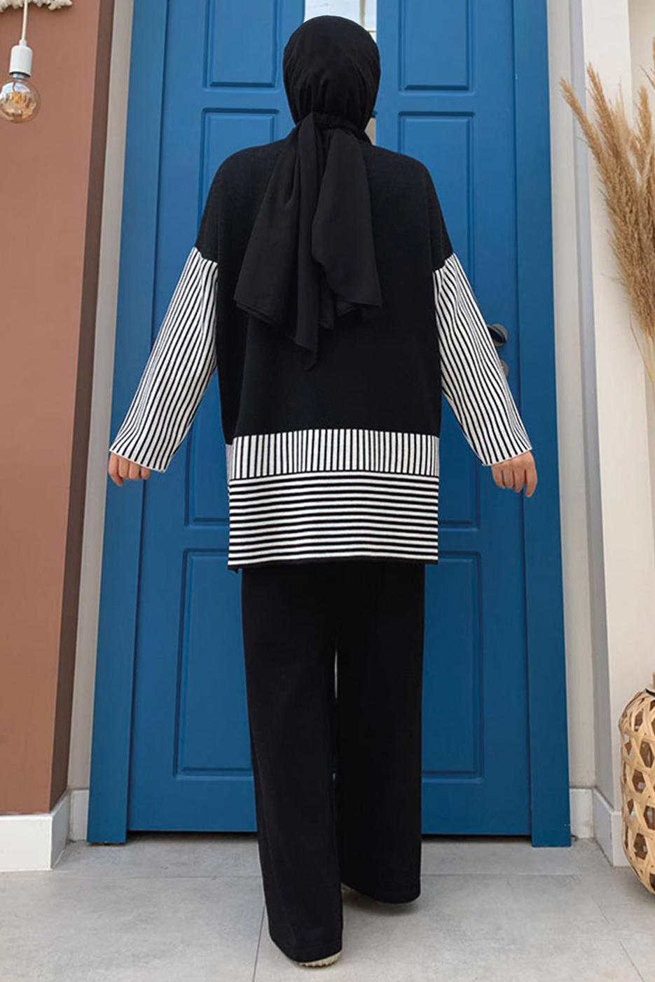 Tesettür giyim SİYAH TRİKO PANTOLONLU TAKIM T 34222