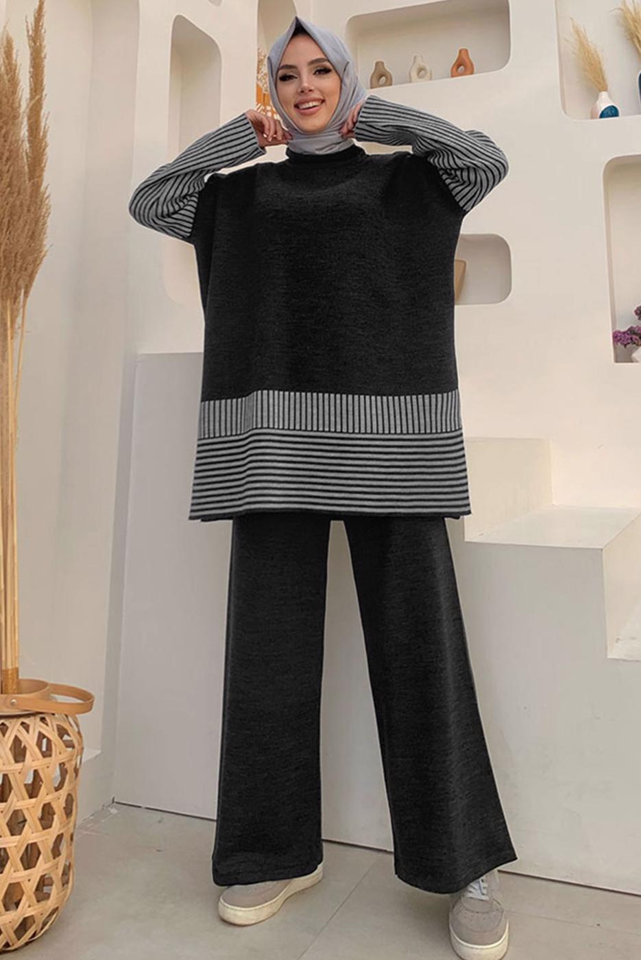 Tesettür giyim GRİ TRİKO PANTOLONLU TAKIM T 34222