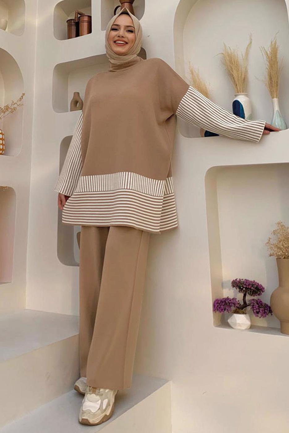 Tesettür giyim TABA TRİKO PANTOLONLU TAKIM T 34222