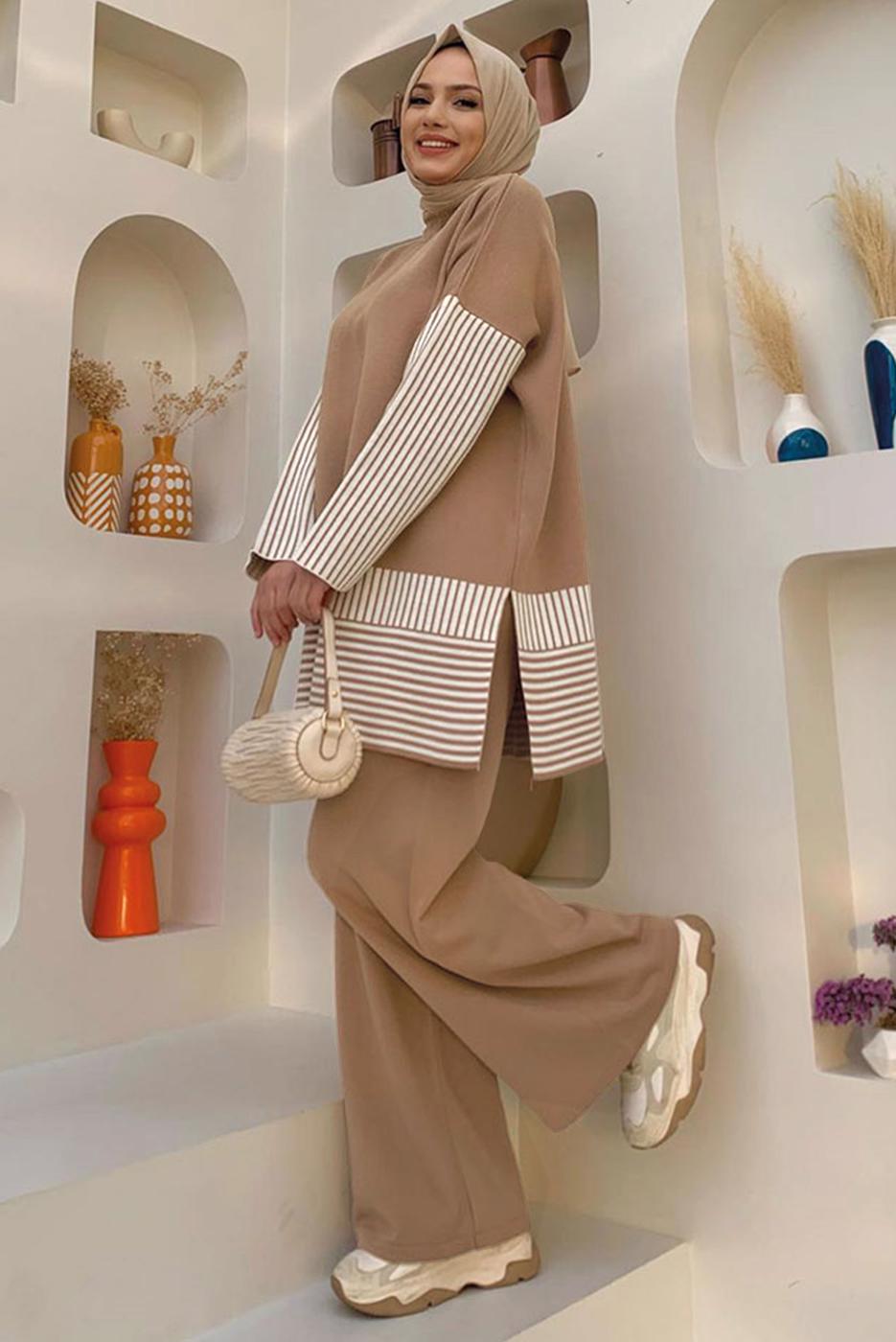 Tesettür giyim TABA TRİKO PANTOLONLU TAKIM T 34222