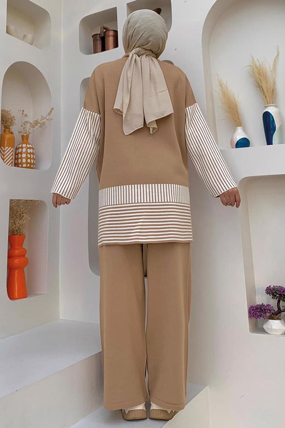 Tesettür giyim TABA TRİKO PANTOLONLU TAKIM T 34222