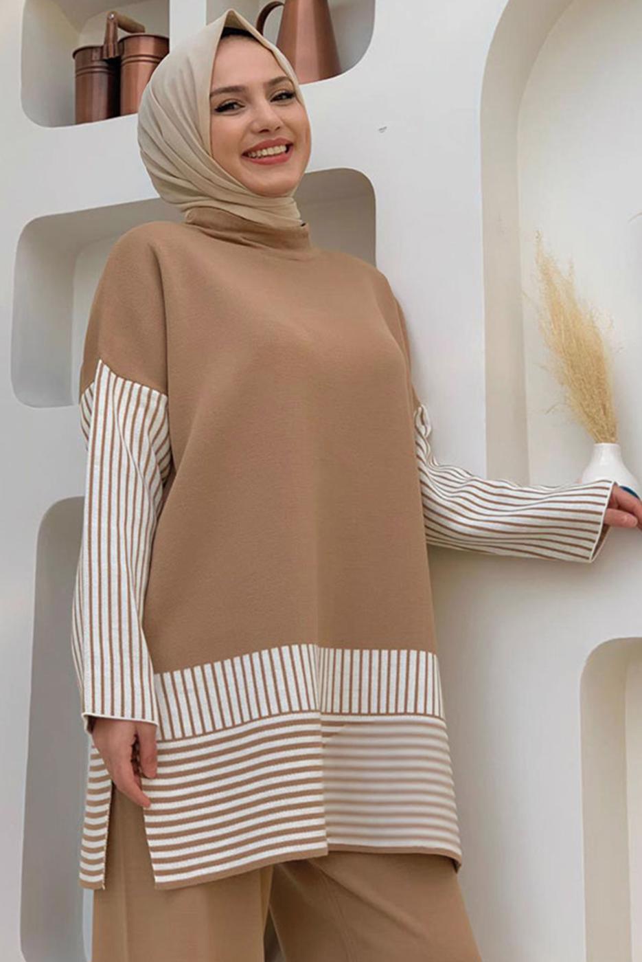 Tesettür giyim TABA TRİKO PANTOLONLU TAKIM T 34222