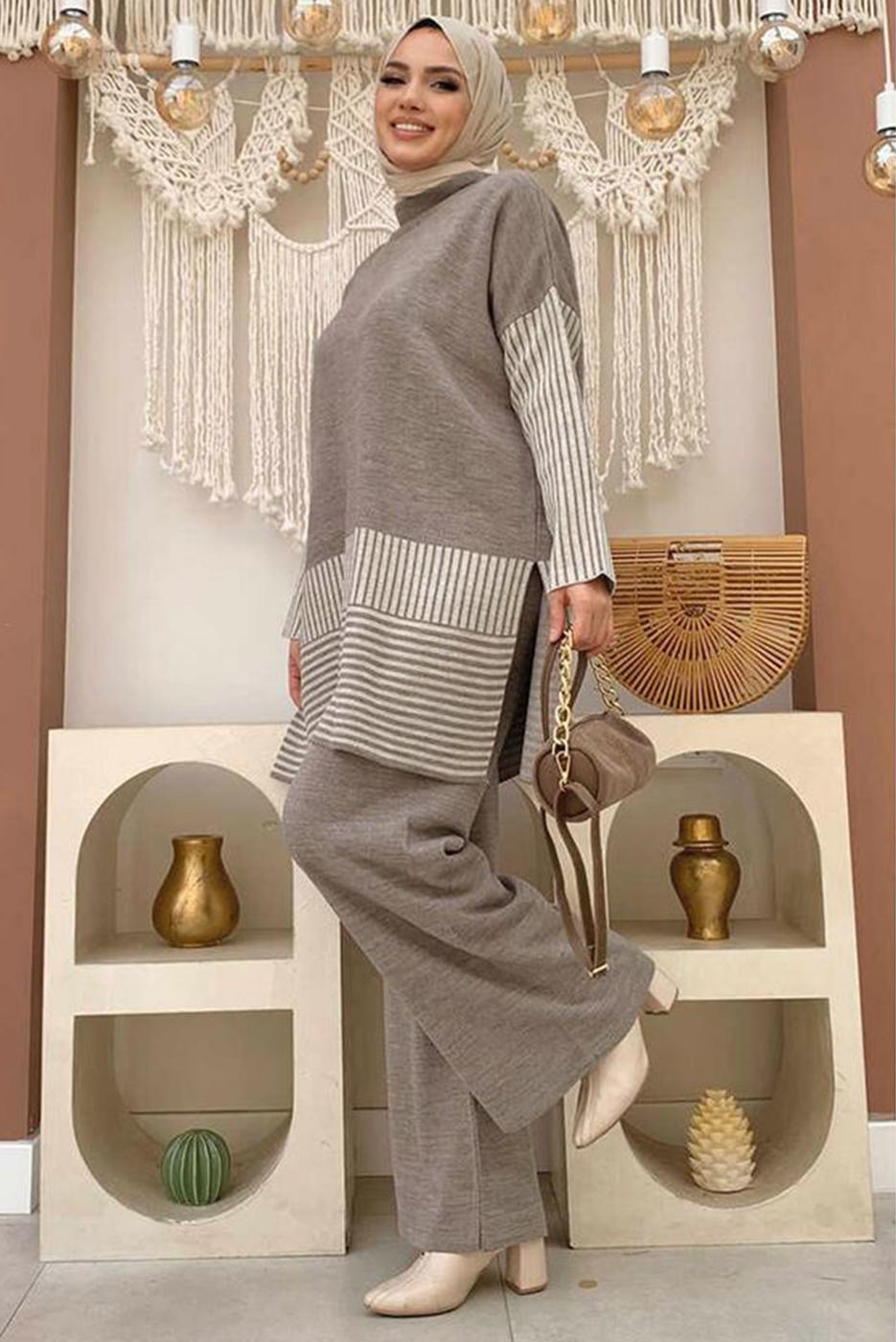 Tesettür giyim VİZON TRİKO PANTOLONLU TAKIM T 34222