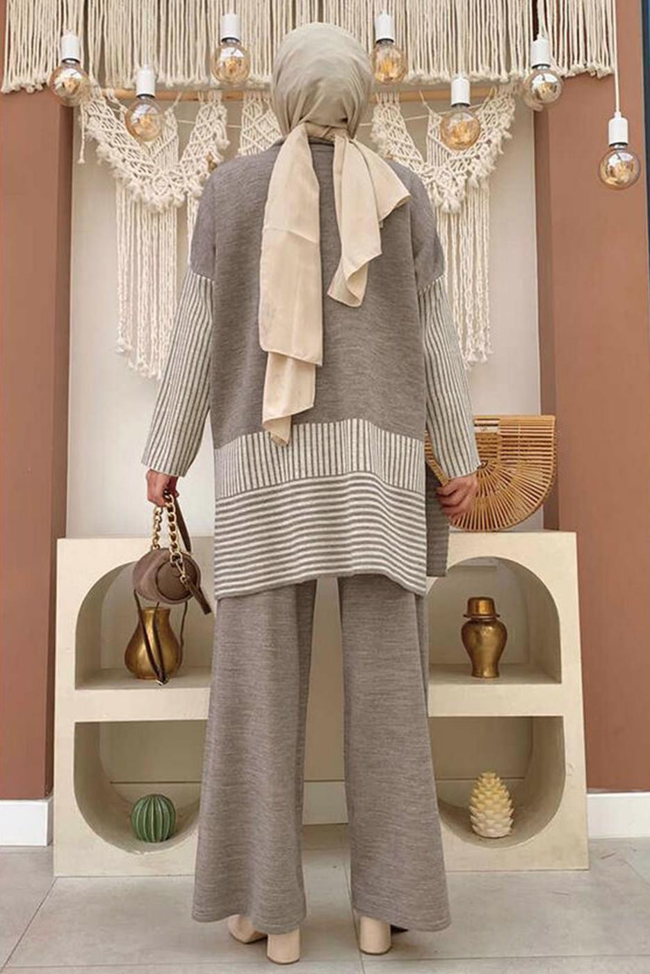 Tesettür giyim VİZON TRİKO PANTOLONLU TAKIM T 34222