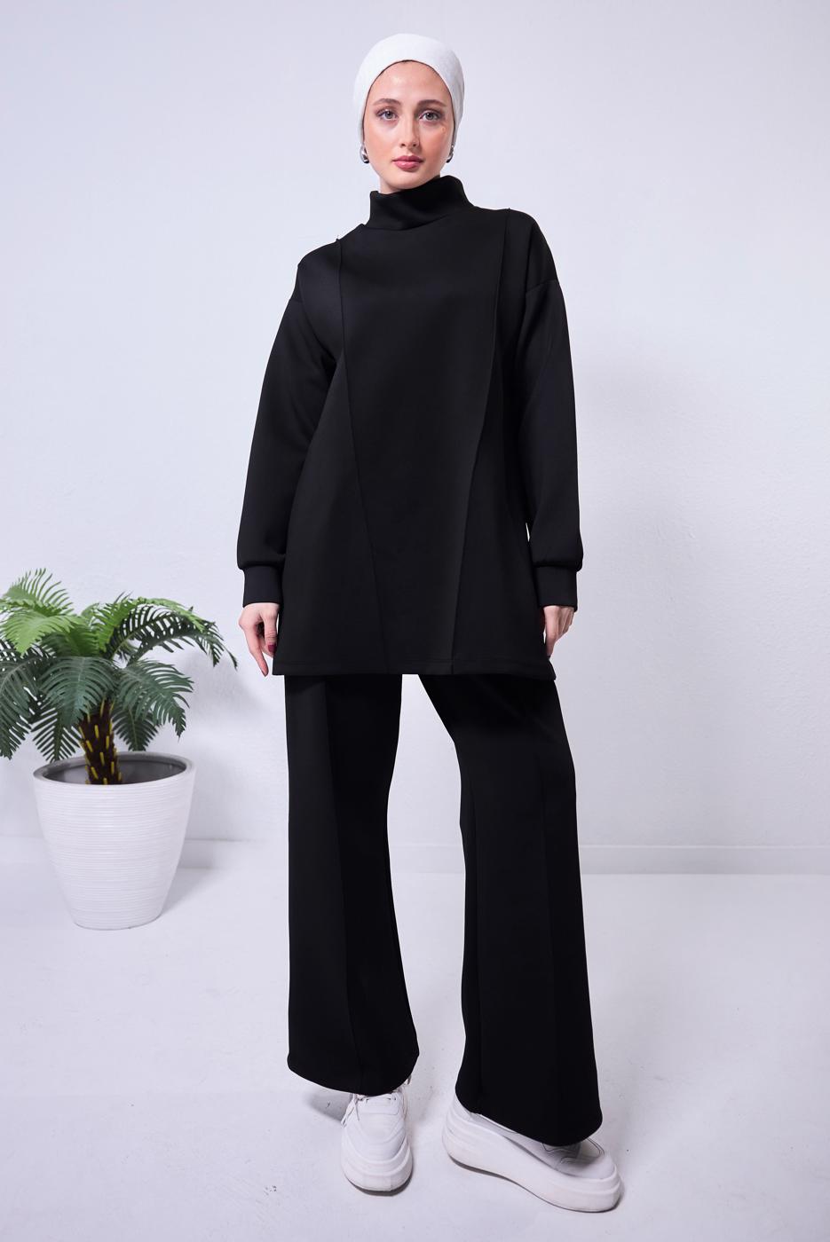 Tesettür giyim SİYAH GENİŞ PAÇA SCUBA PANTOLONLU TAKIM T 4353